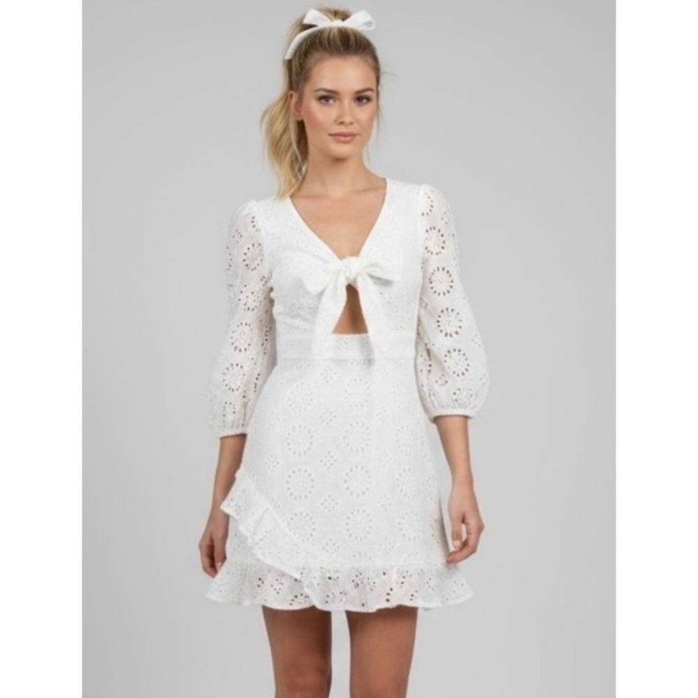 White Eyelet Tie Front Cutout Dress Size Large Cotton‎ Boho Summer Cottagecore